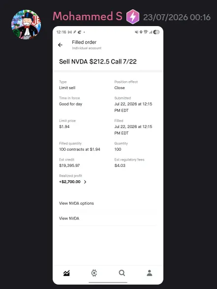 StockHours member sharing a profit screenshot in the community