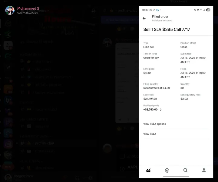 StockHours member sharing a profit screenshot in the community