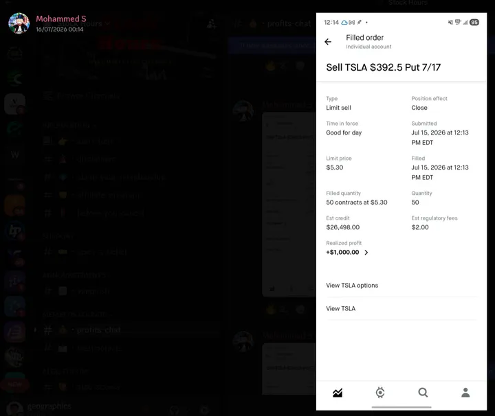 StockHours member sharing a profit screenshot in the community