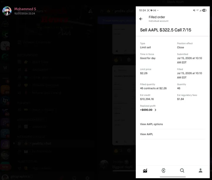 StockHours member sharing a profit screenshot in the community