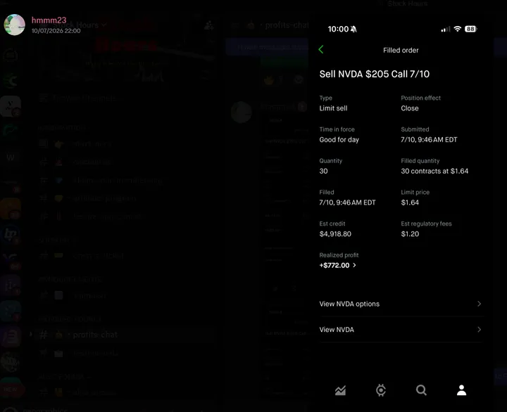 StockHours member sharing a profit screenshot in the community