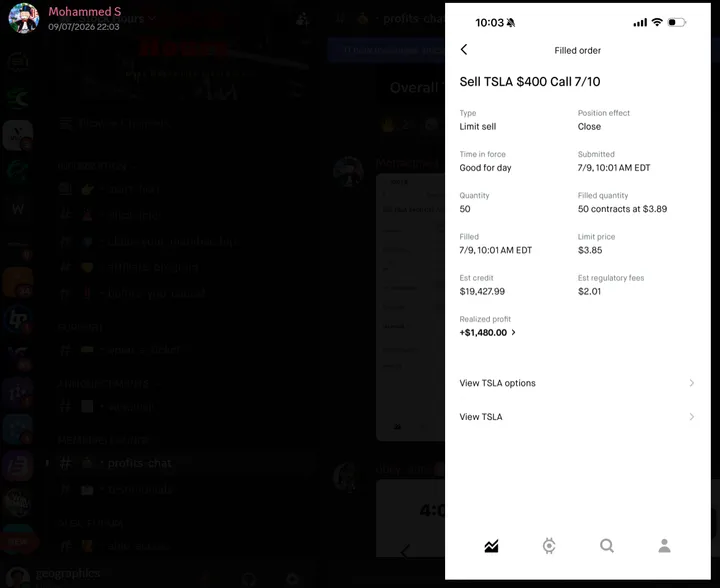 StockHours member sharing a profit screenshot in the community